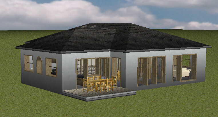 Einstöckiges Haus mit dunklem Dach, Glasfronten und Terrasse mit Esstisch; Innenraum sichtbar.