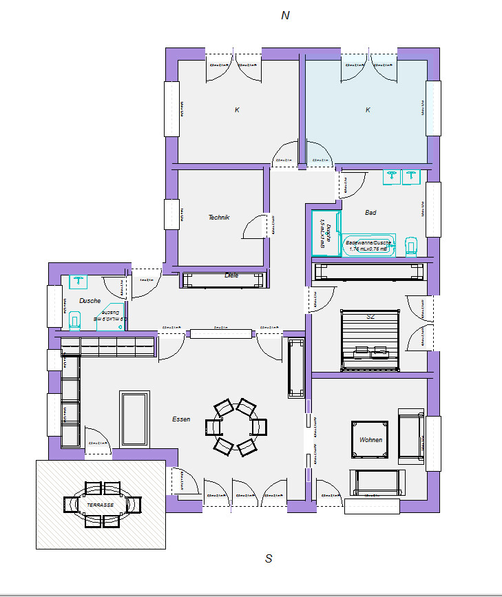 Grundriss eines Wohn- und Essbereichs mit Küche, Bad, Dusche, Technikraum und Terrasse.