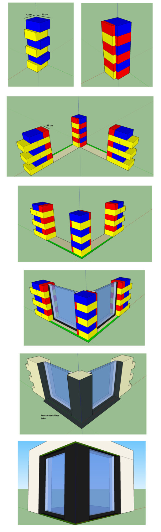 Mehrere bunte 3D-Blocktürme aus Gelb Blau Rot in einer Architekturskizze.