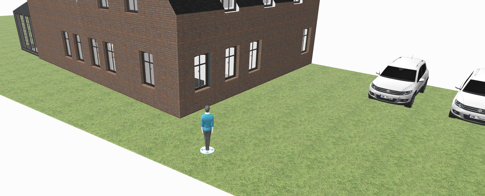 3D-Modell eines Backsteinhauses mit Garten, Autos und einer stehenden Person davor.