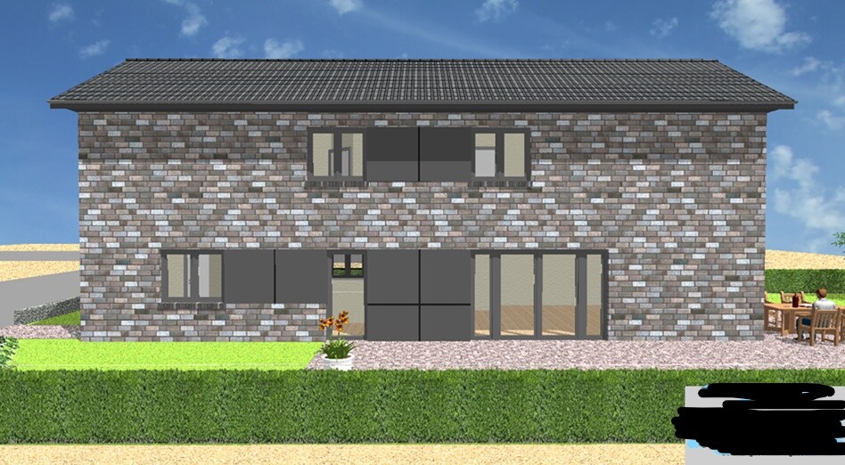 Zweistöckiges Haus aus grauen Ziegeln mit dunklen Fenstern; Terrasse rechts mit Sitzgruppe.