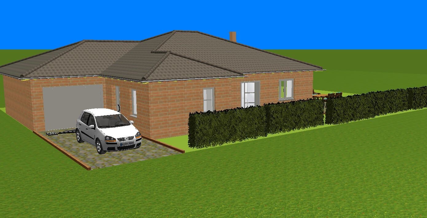 Einfamilienhaus aus Ziegeln mit Garage, geparktes Auto auf der Zufahrt, Hecke am Grundstück.