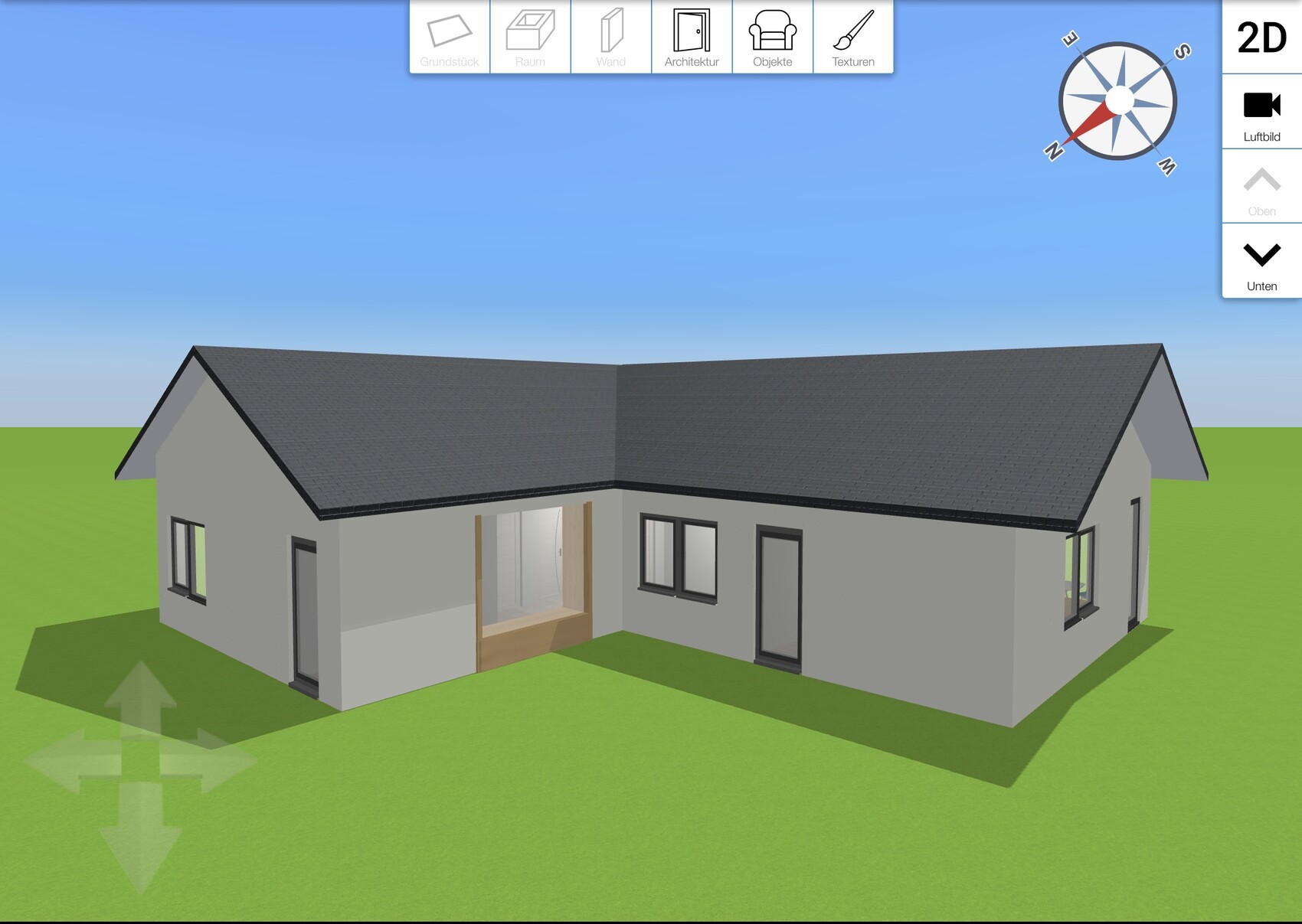 3D-Modell eines modernen Einfamilienhauses mit grauer Fassade, L-förmigem Grundriss und dunklem Dach.