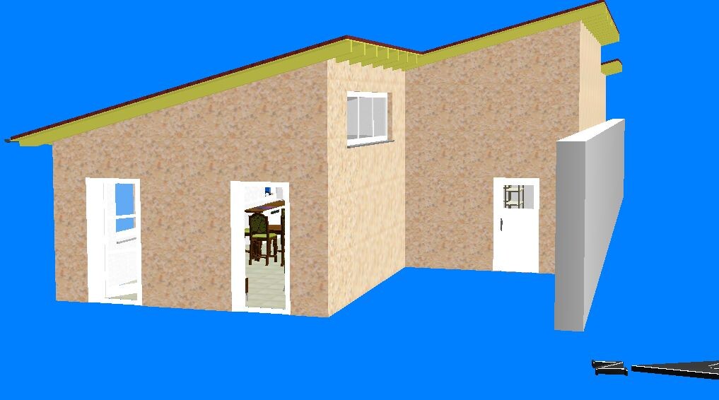Beiges Haus mit offenen Türen; Innenraum sichtbar mit Stuhl und Tisch; blauer Hintergrund
