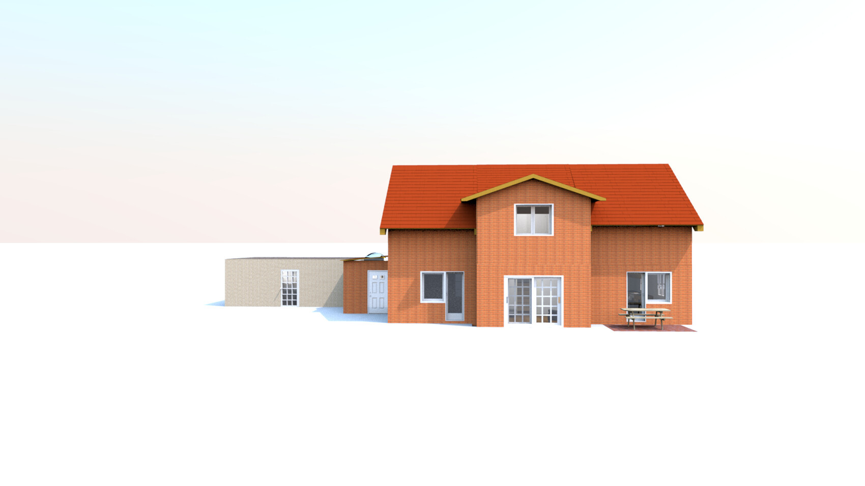 Zweistöckiges Ziegelhaus mit rotem Satteldach, beige Anbau links, Glasfenster und Terrasse rechts
