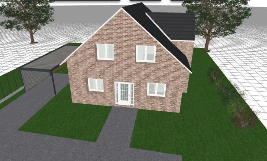 3D-Ansicht eines Ziegelhauses mit Giebeldach, Eingangstür, Fenstern und Carport.