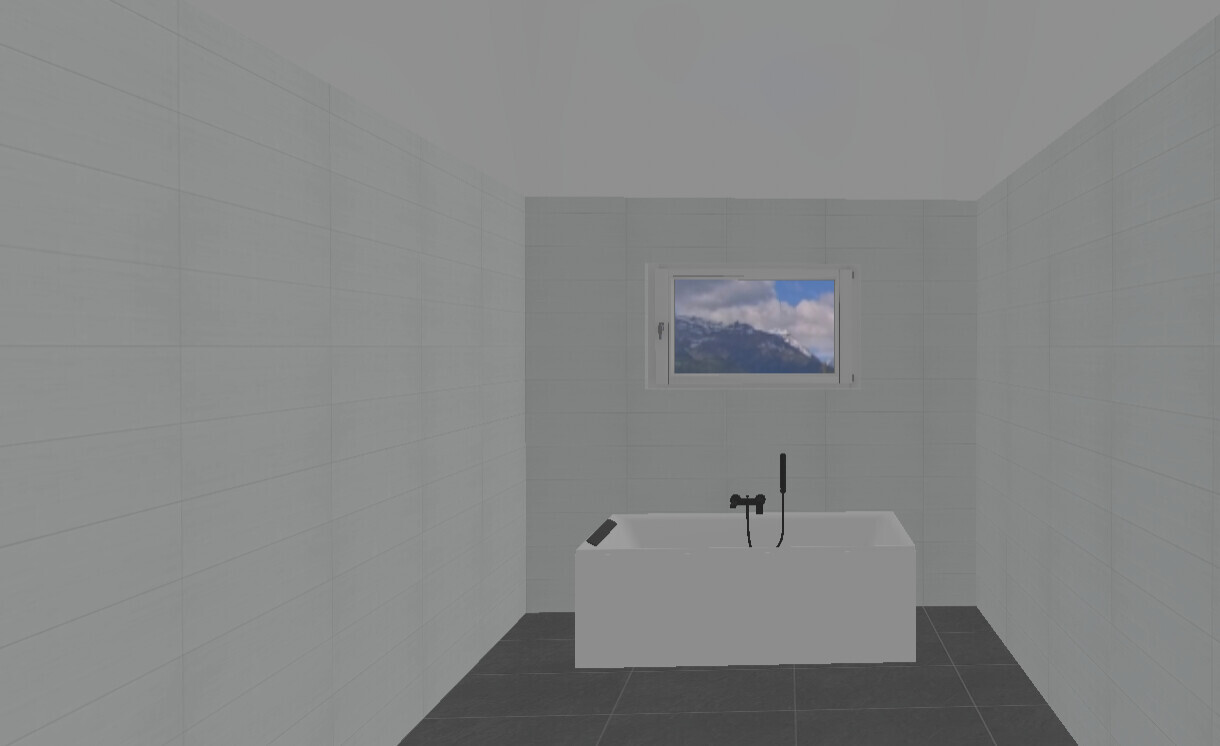 Badezimmer mit weißer Badewanne, dunklen Bodenfliesen und Fenster mit Bergblick