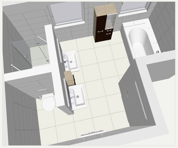 3D-Bad mit Doppelwaschbecken, Dusche, Badewanne und WC im Grundriss