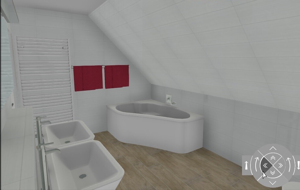 3D-Bad im Dachgeschoss mit Badewanne, Doppelwaschbecken und Handtuchheizkörper