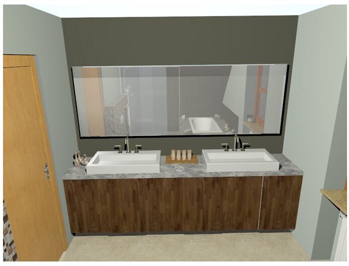 Zwei Waschbecken mit Holzunterbau und grossen Spiegel in einem Badezimmer-Render