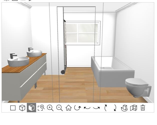 Modernes Badezimmer: Doppelwaschbecken, Glasdusche, Badewanne, Toilette, Holzboden, Fenster.