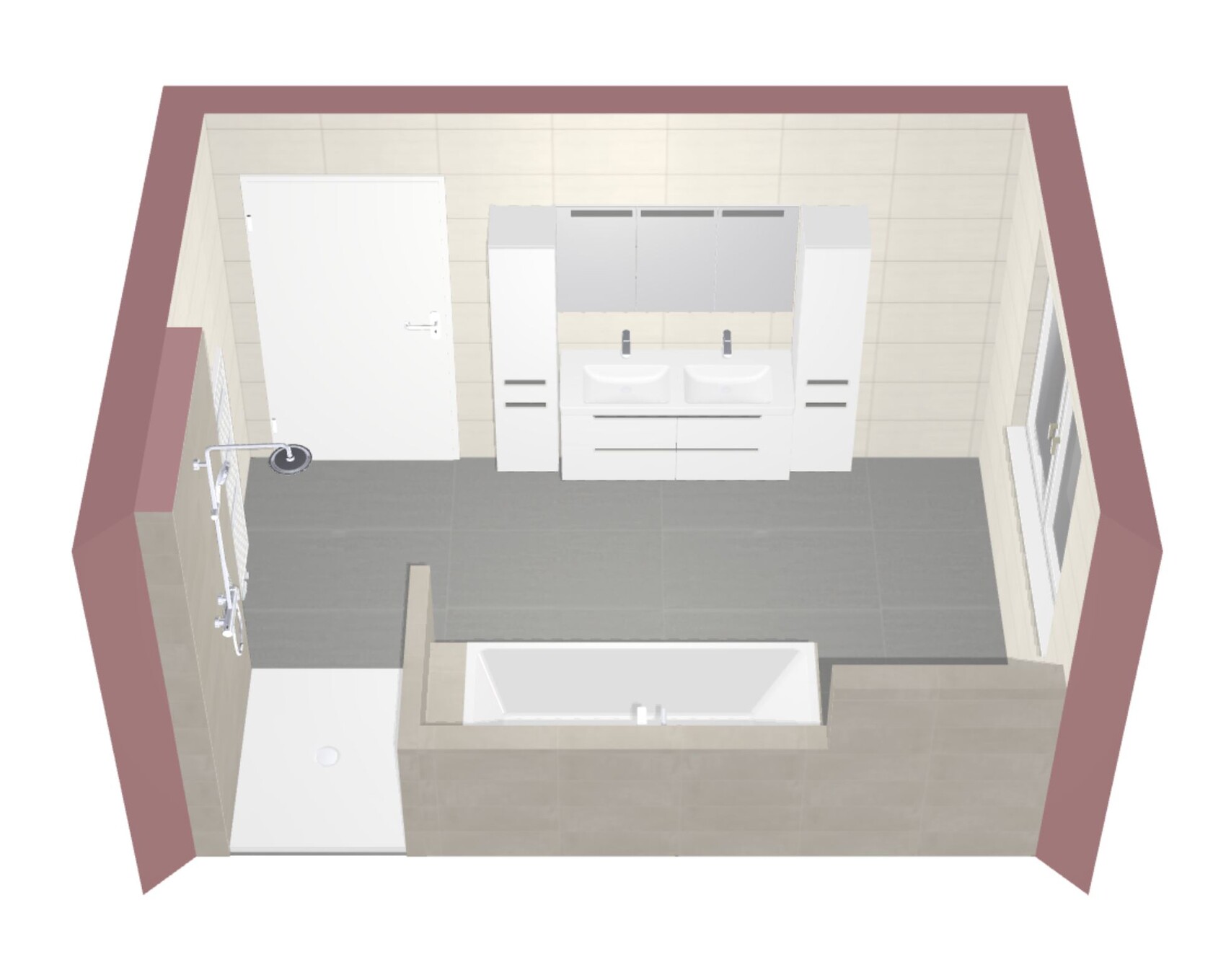 Badezimmer-Layout: Doppelwaschbecken, Spiegel, Hochschränke, Dusche links, Badewanne vorne.