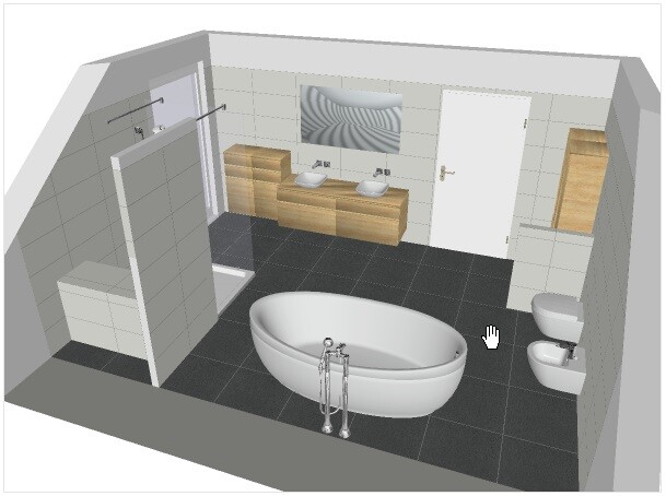 Moderne Badezimmer-3D-Planung: freistehende Badewanne, Doppelwaschbecken, Dusche, WC und Bidet