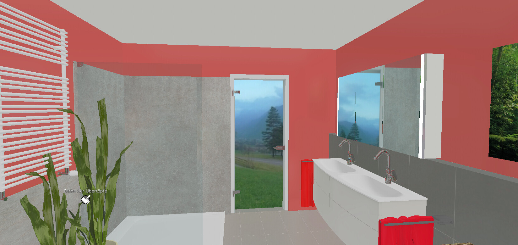 Badezimmer mit roter Wand, Doppelwaschbecken, Dusche links, Fenster mit Landschaftsausblick