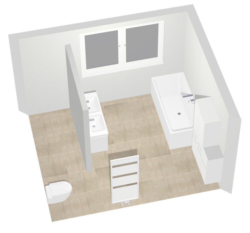 Isometrisches 3D-Badezimmer: Toilette links, Doppelwaschbecken, Badewanne rechts, Heizkörper.