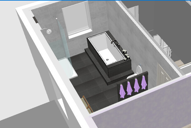 3D-Badezimmer mit Badewanne auf Podest, Dusche links, dunkle Fliesen, violette Handtücher