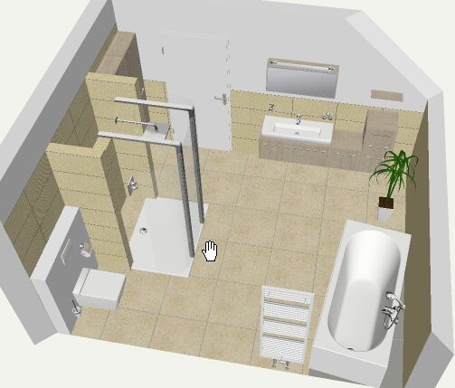3D-Badezimmer mit Dusche, WC, Waschtisch, Badewanne, Schränke und Pflanze.