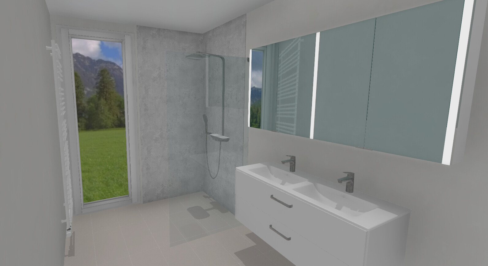 Modernes Badezimmer mit Doppelwaschbecken, Spiegel, Glasdusche und Bergblick.