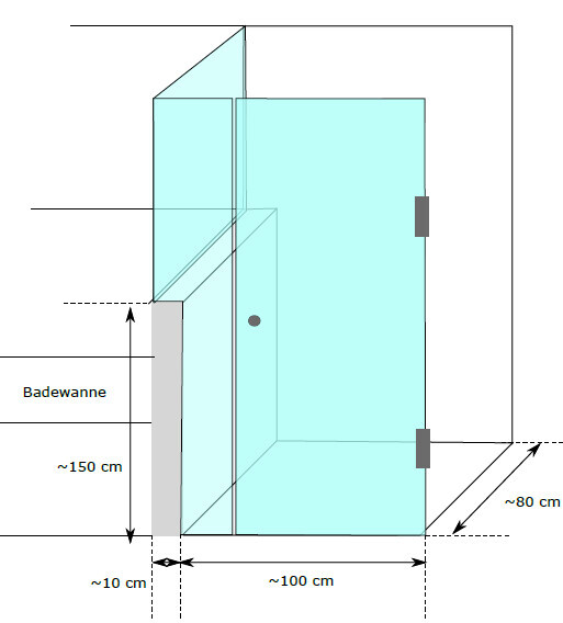 Skizze eines Badezimmers mit Glasdusche neben der Badewanne; klare Glaswand, Maße ca. 100x150 cm.