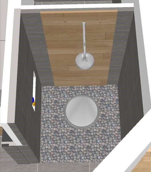 3D-Bad mit Dusche, Kieselboden und Holzwandverkleidung