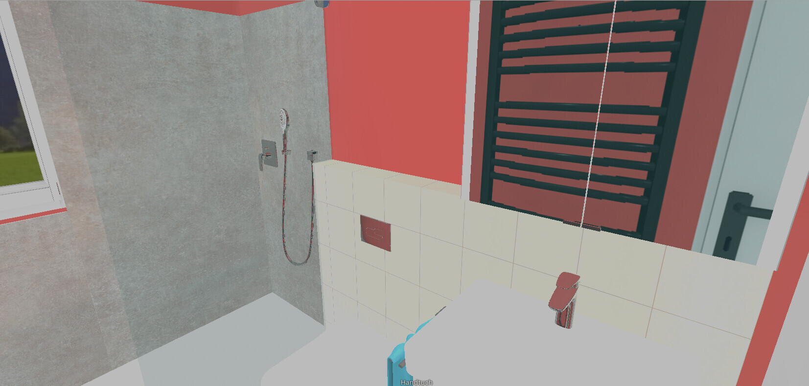 Moderne 3D-Badezimmer-Dusche mit roter Akzentwand, Fliesen und Handtuchheizkörper