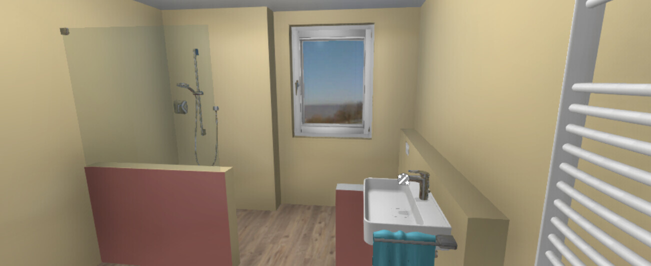 Badezimmer: Dusche mit Glaswand links, Waschbecken rechts, Fenster in der Mitte, Holzfußboden.