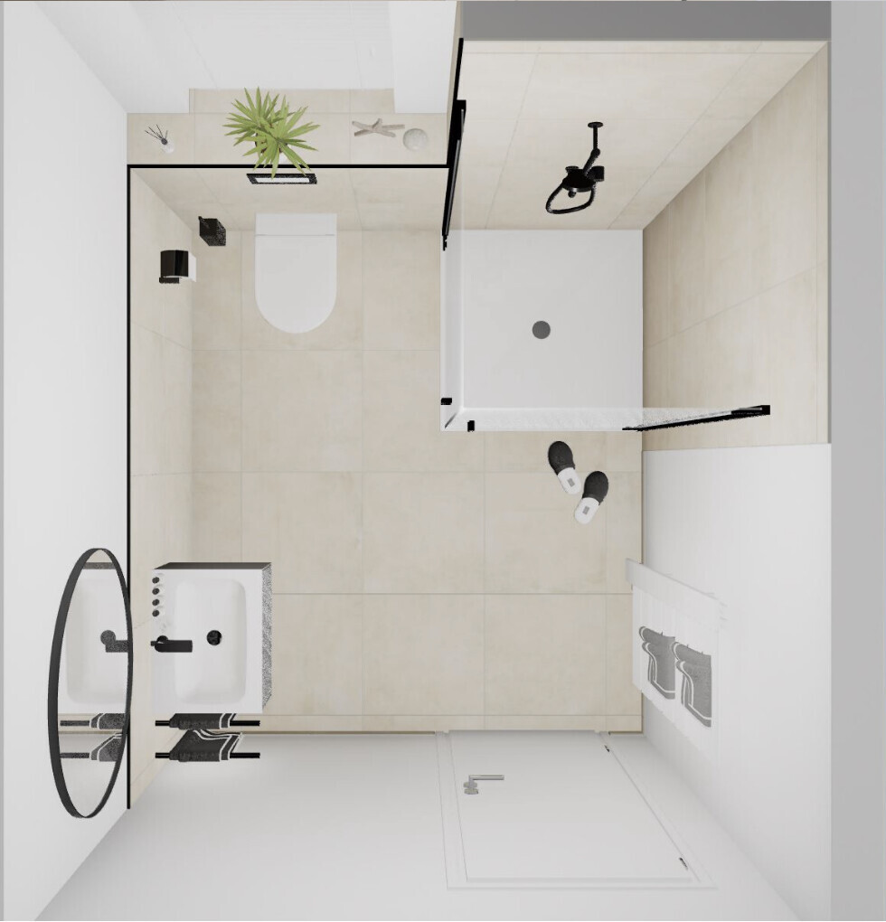 3D-Badezimmer mit Dusche, Toilette, Waschbecken und Rundspiegel in hellen Fliesen
