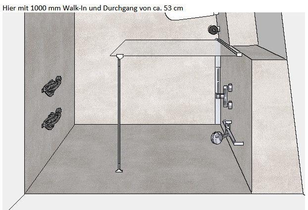 Schematischer barrierefreier Duschraum mit 1000 mm Walk-In und ca. 53 cm Durchgang, Wandarmaturen und Stange.