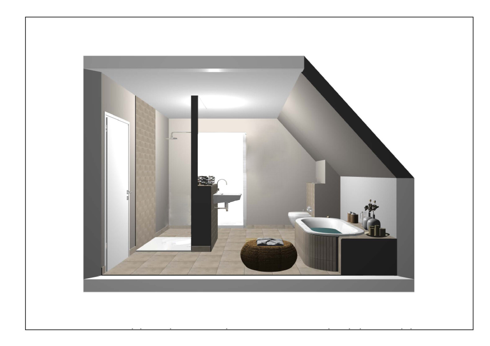 3D-Badraum mit Wanne, Dusche, Waschbecken und moderner Einrichtung