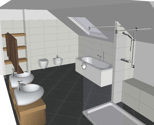 3D-Badezimmer-Rendering: zwei Waschtische, Toilette, Bidet, Dusche und Badewanne, Dachfenster