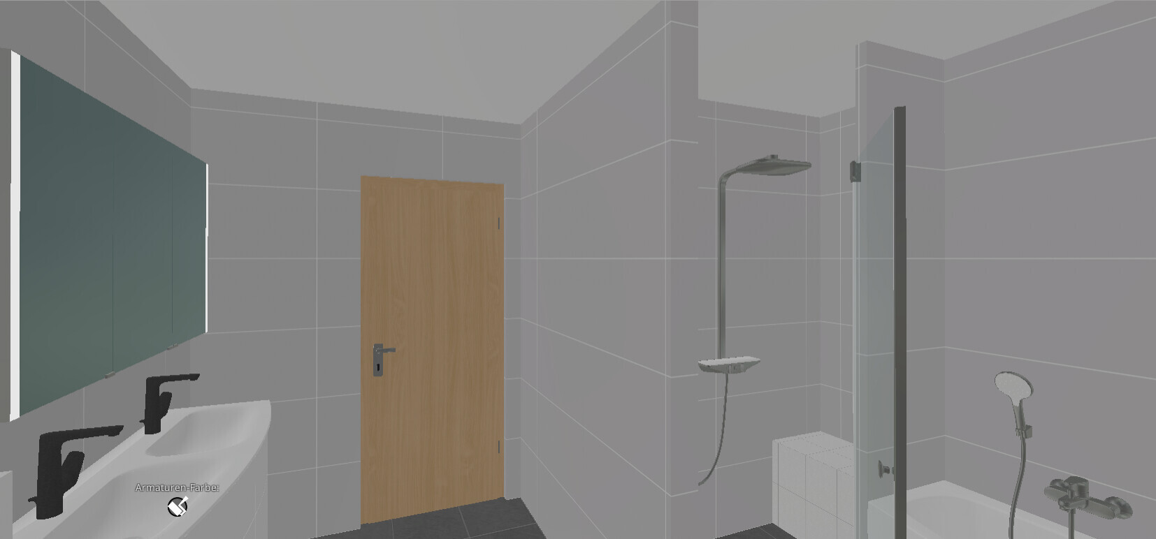 3D-Badraum mit Dusche, Waschbecken, Tür und grauen Fliesen