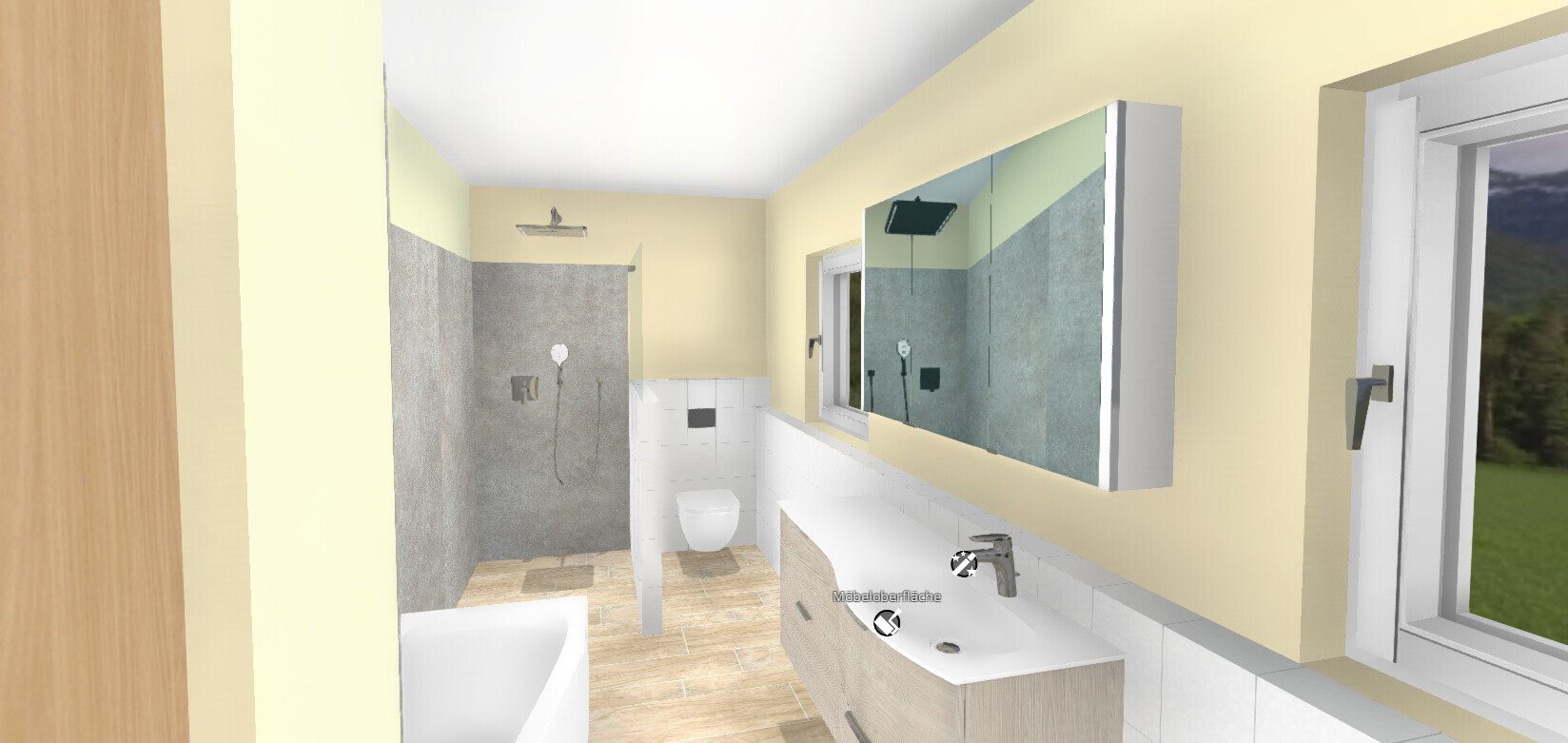 3D-Badezimmer mit Dusche, Waschbeckenunterschrank und Spiegelschrank