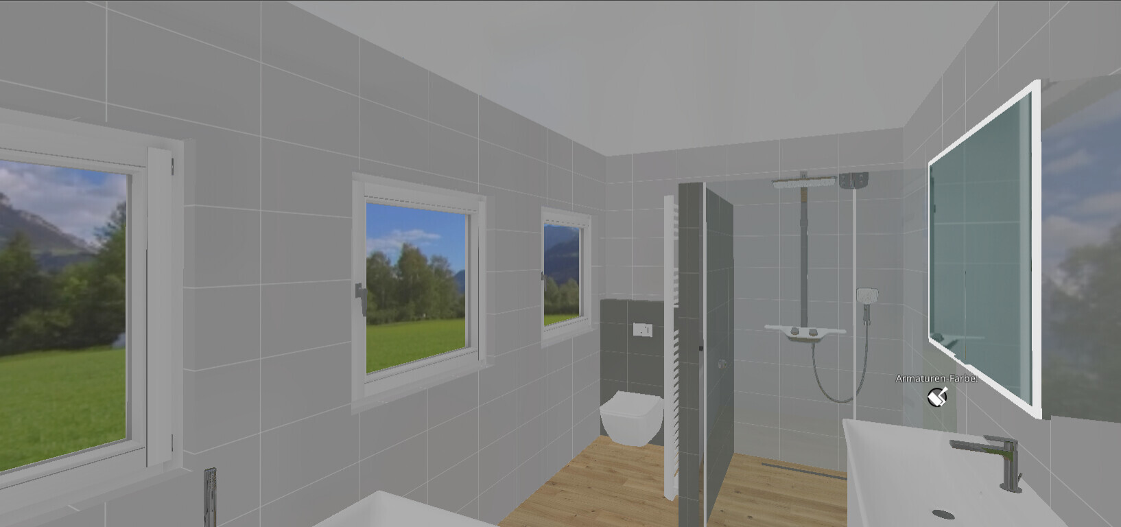 Modernes Badezimmer mit grauen Fliesen, zwei Fenster, Toilette, Duschabtrennung und Waschbecken.