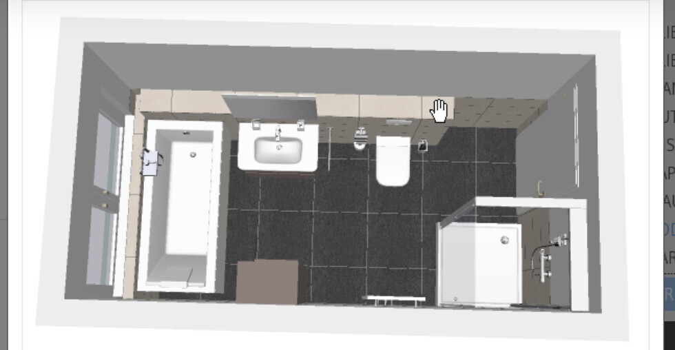 Top-down 3D-Badgrundriss: Badewanne links, Waschbecken Mitte, WC, Dusche rechts, Fliesen
