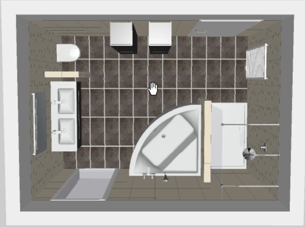 Top-Ansicht eines Badezimmer-Grundrisses mit Doppelwaschtisch, Eckdusche und Bodenfliesen