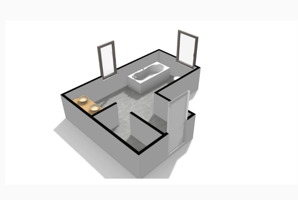 3D-Grundriss eines Badezimmers: zentrale Badewanne, links Doppelwaschbecken, Tür rechts.