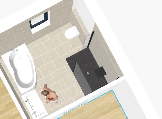 3D-Badezimmer: Badewanne links, Toilette oben, dunkler Waschtisch rechts, stehende Person.