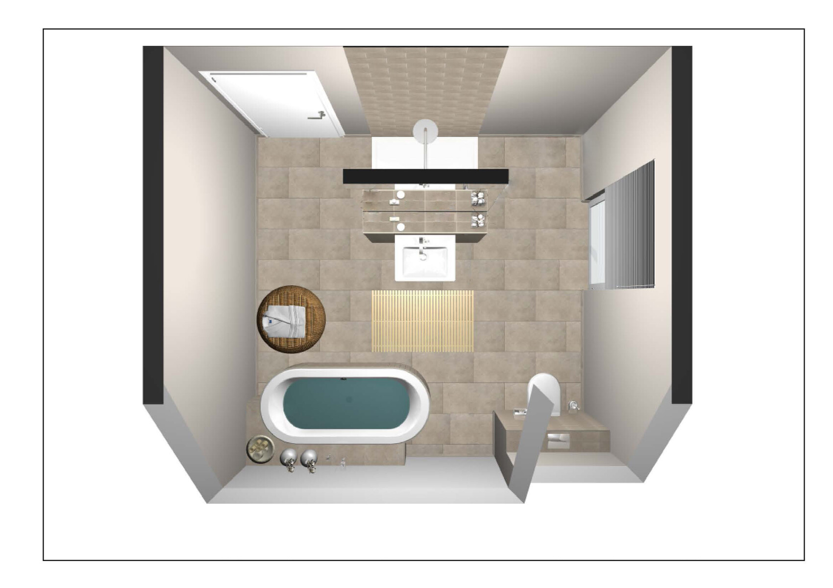 Top-Ansicht eines modernen 3D-Badezimmers mit Badewanne, Waschbecken und Badmöbeln