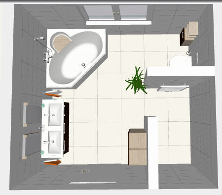 3D-Badgrundriss mit Eckwanne, Doppelwaschbecken, Pflanze und Möbeln