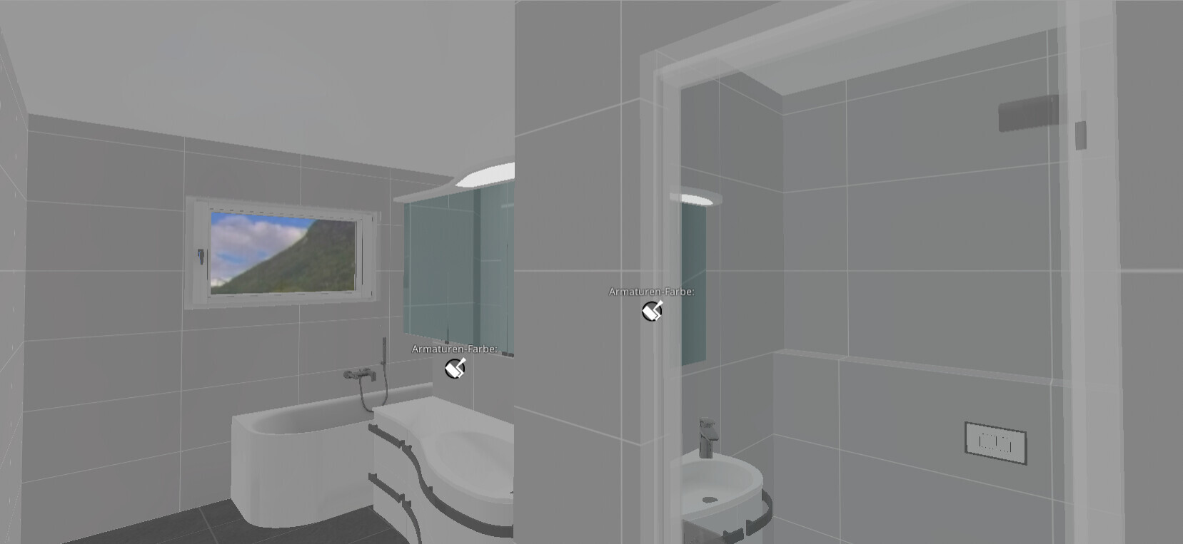 Modernes Badezimmer mit Badewanne, Waschbecken, Spiegel, grauen Fliesen und Fenster mit Bergblick.