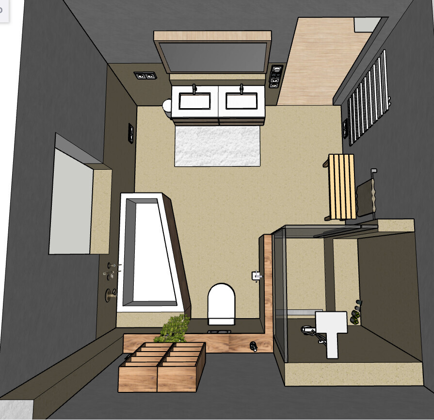 3D-Badezimmer-Layout mit Doppelwaschbecken, Badewanne, Dusche und Toilette