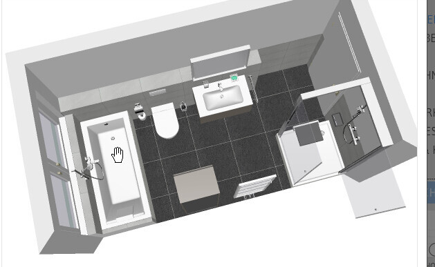 Isometrisches Badezimmer-Layout: Badewanne links, Toilette, Waschbecken mit Spiegel, Dusche rechts.