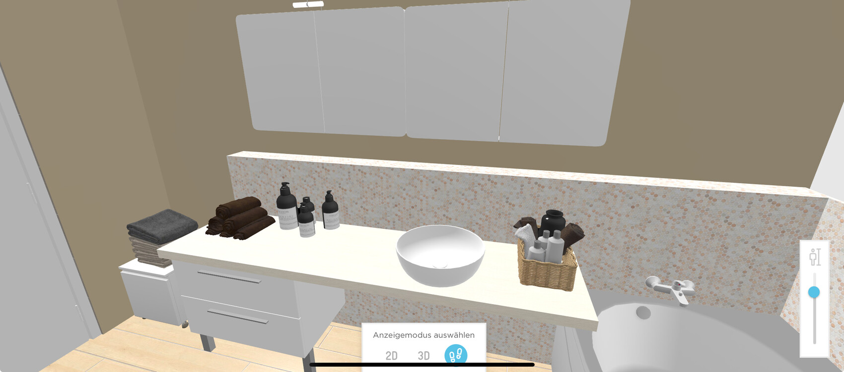 Moderner Badezimmer-Render: Waschtisch mit runder Schüssel, Handtücher, Pflegeprodukte, Badewanne.