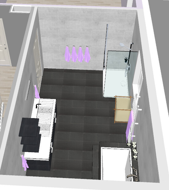 3D Badezimmer mit Dusche, Waschbecken, Handtücher und Fliesen, Badlayout