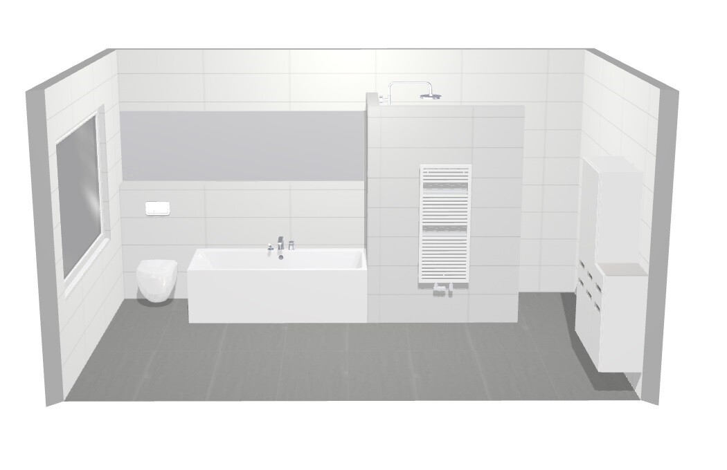 3D-Badezimmer Rendering mit Badewanne, Dusche, Heizkörper und Waschbereich