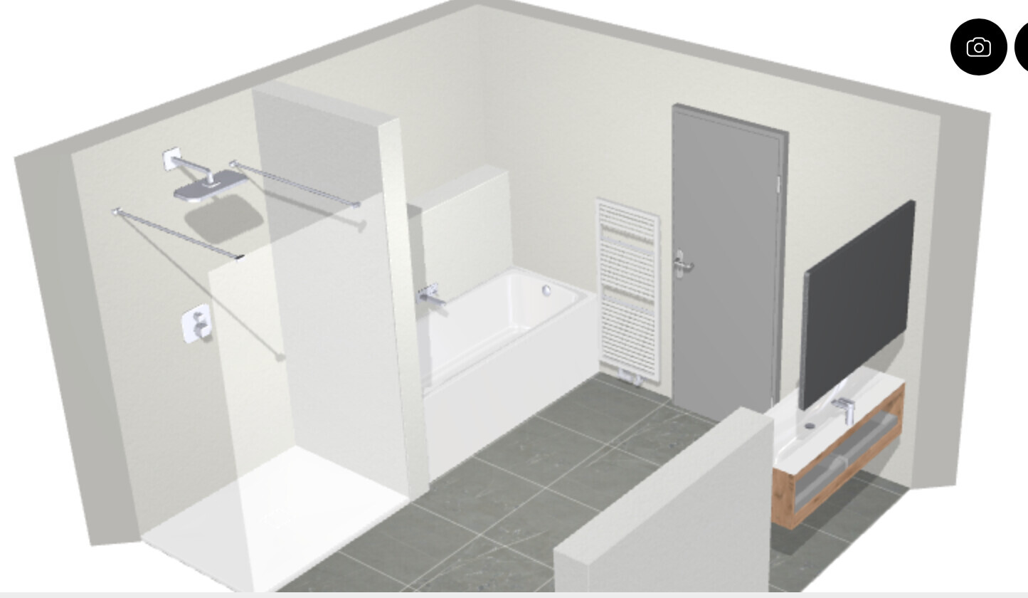 Modernes Badezimmer: Dusche links, Badewanne in Mitte, Heizkörper; Tür rechts, TV-Anrichte.