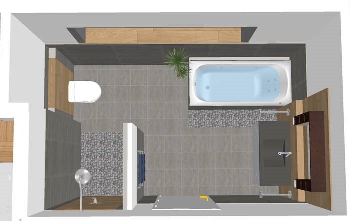 3D-Badzimmer-Layout mit Badewanne, Waschbecken, Toilette und Dusche