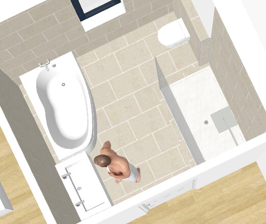 Badezimmer-Ansicht von oben: Badewanne links, Toilette oben, Dusche rechts; Person steht sichtbar.