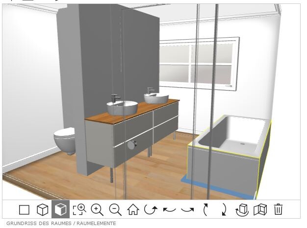 3D-Badraum: Doppelwaschbecken, Badewanne, Toilette, Holzfußboden, Fenster.