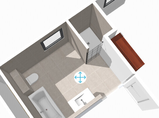 3D-Badgrundriss mit Dusche, Badewanne und Waschbecken im Badezimmer
